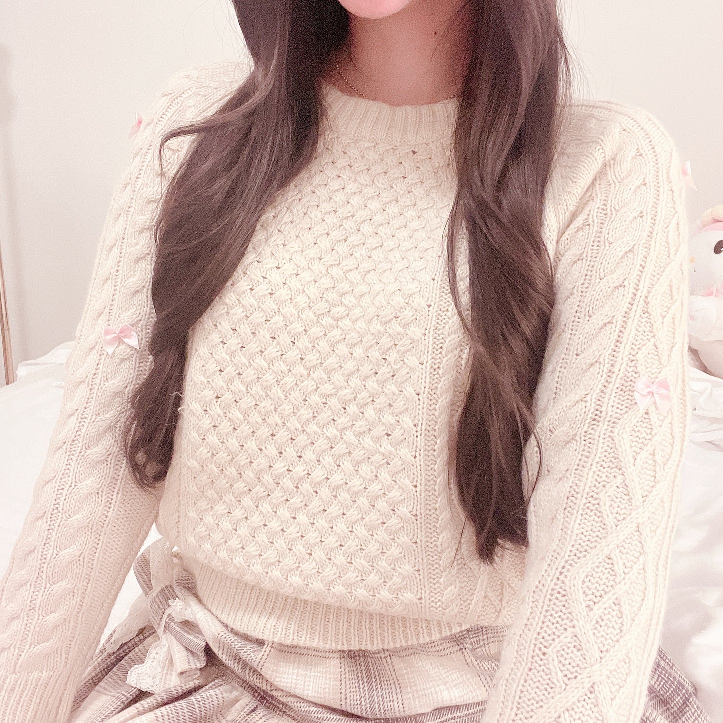ribbon accent cable knit sweater