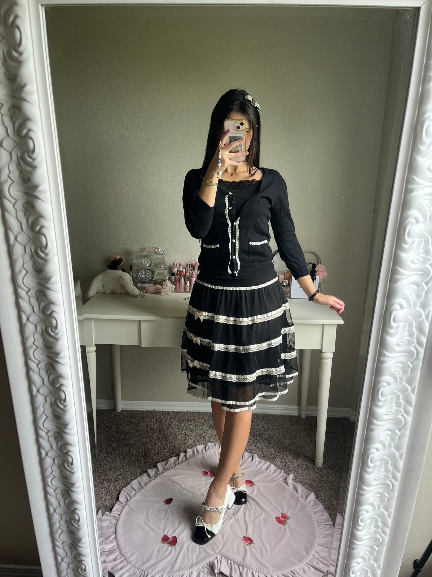 black tiered ribbon accent midi skirt