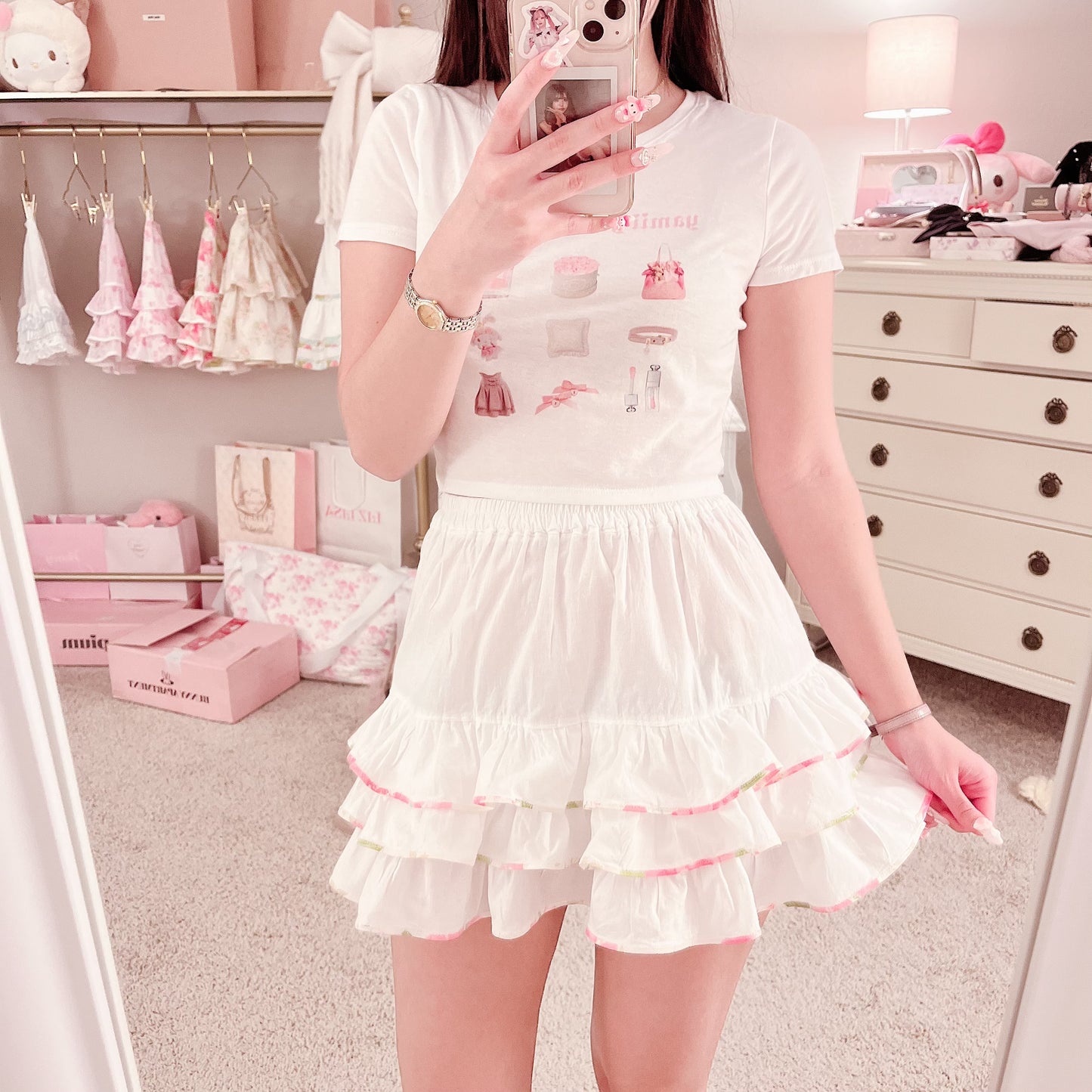 white hibiscus trim skirt