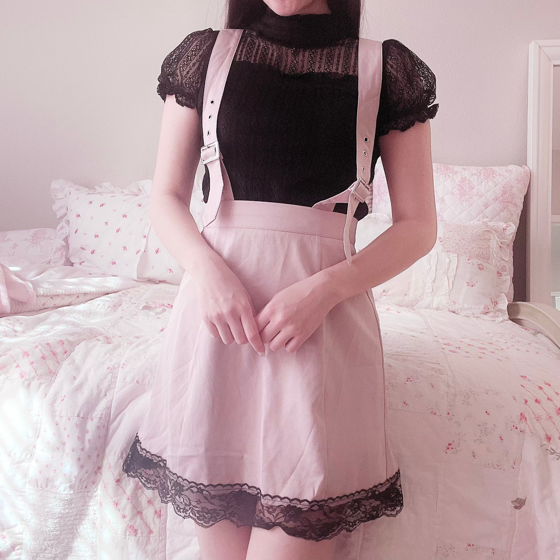 pink suspender dress Sheer Lace Cardigan + Pink Rose Halter Neck Tiered Suspender Dress Belchic