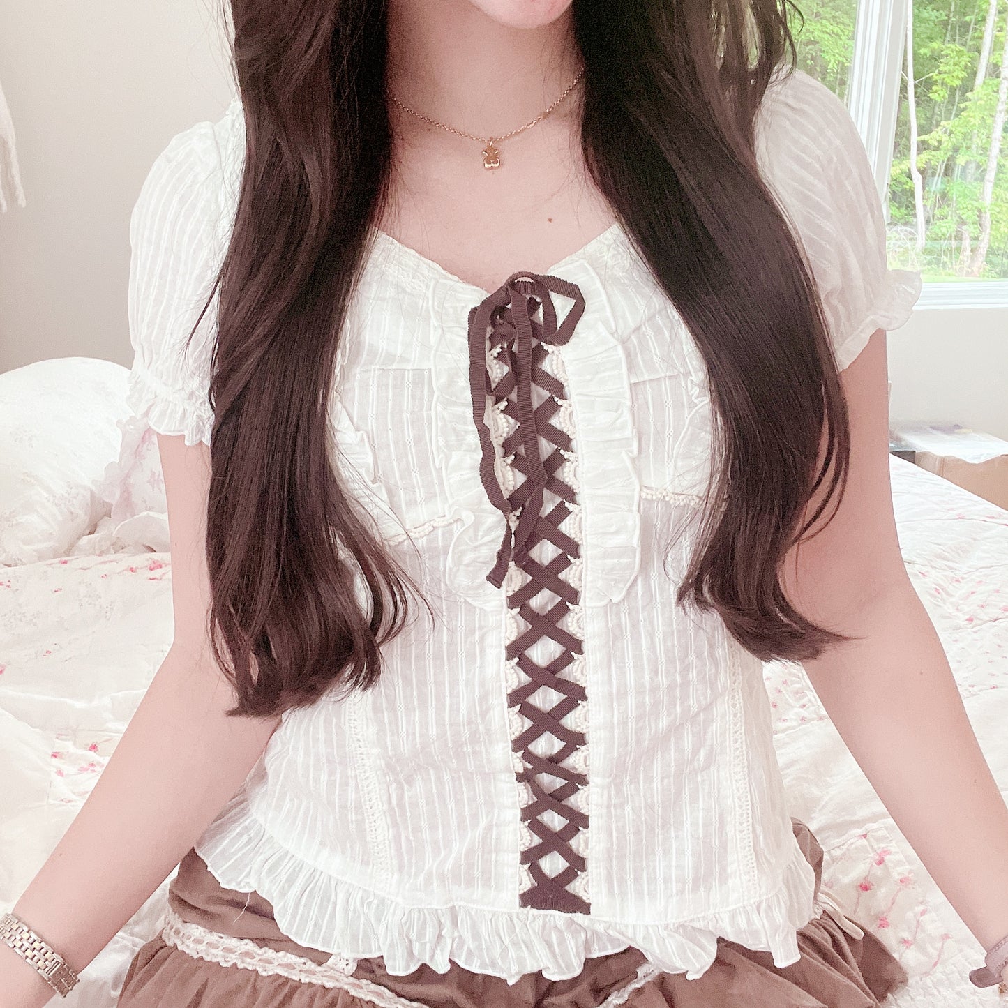 axes femme white lace up blouse