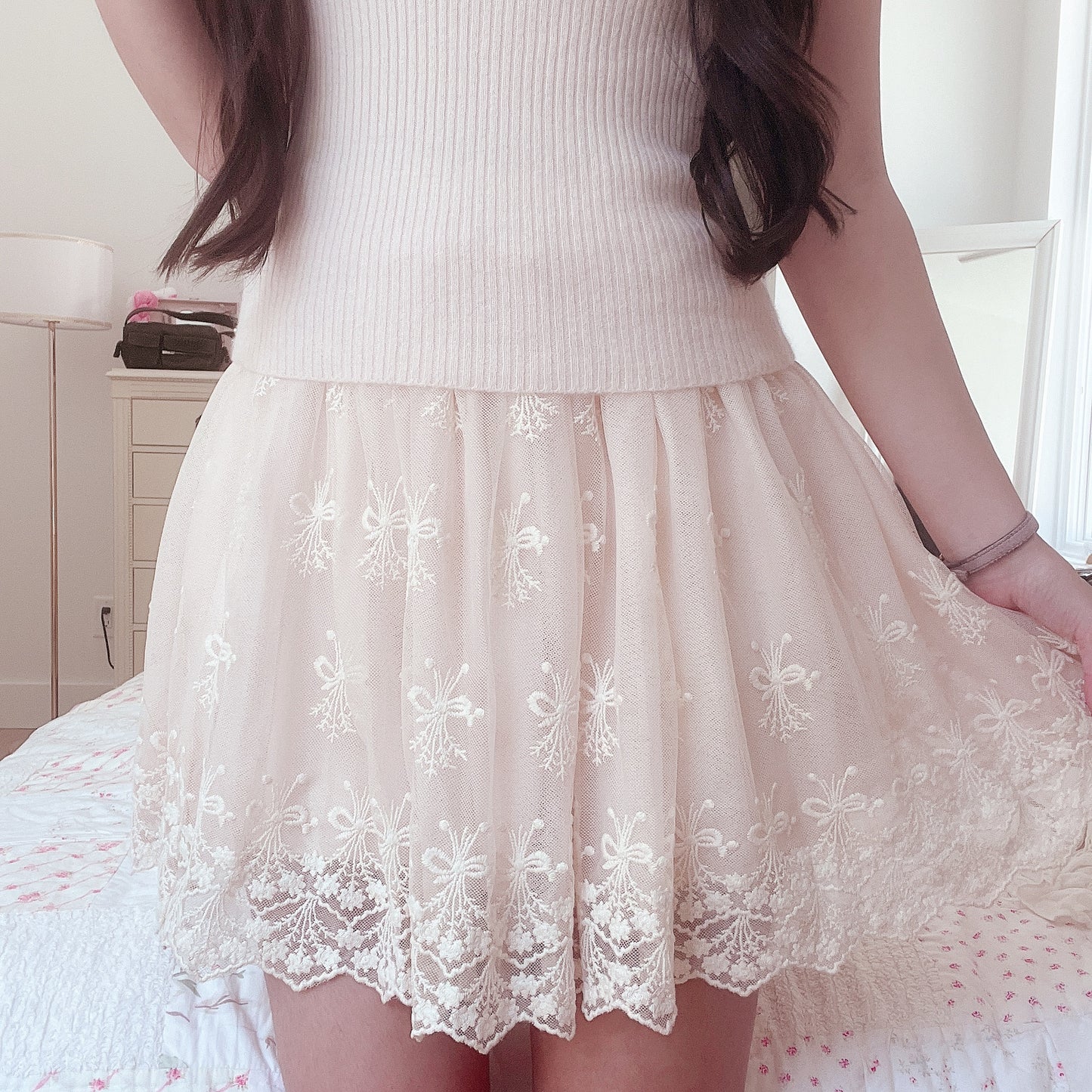 beige floral tulle skirt