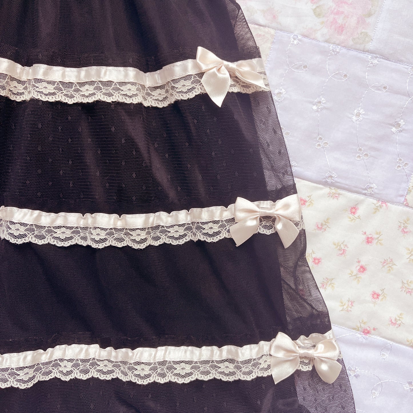 black tiered ribbon accent midi skirt