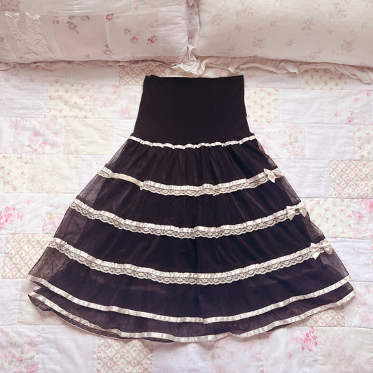 black tiered ribbon accent midi skirt