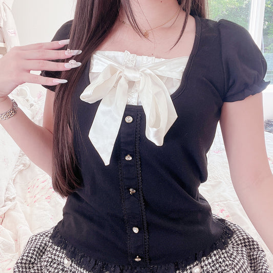 black short sleeve milkmaid blouse