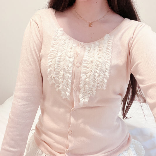 pink and cream ruffle cardigan