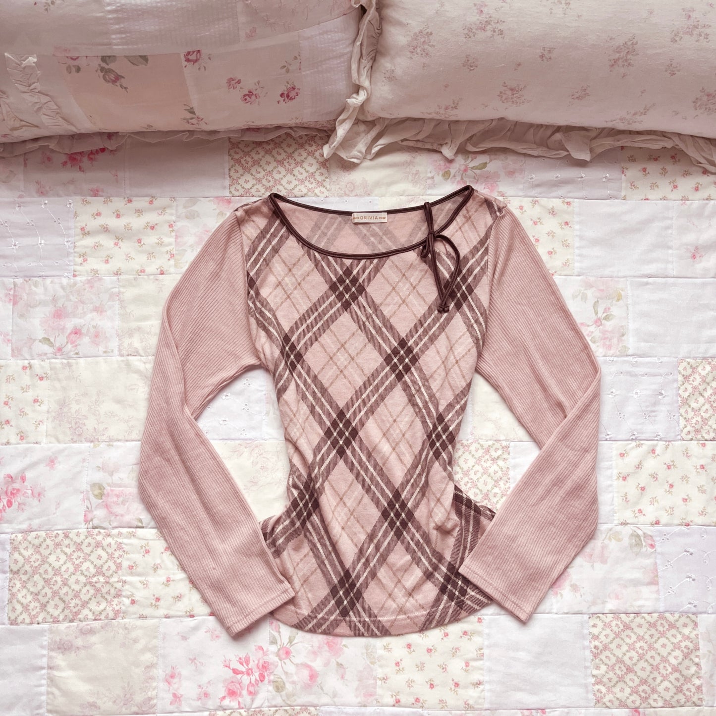 pink choco check knit top