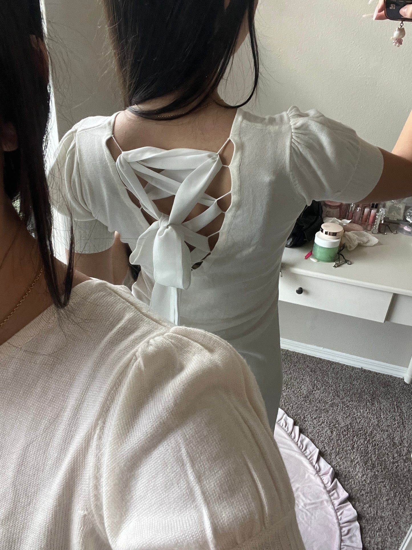 white lace-up back dress