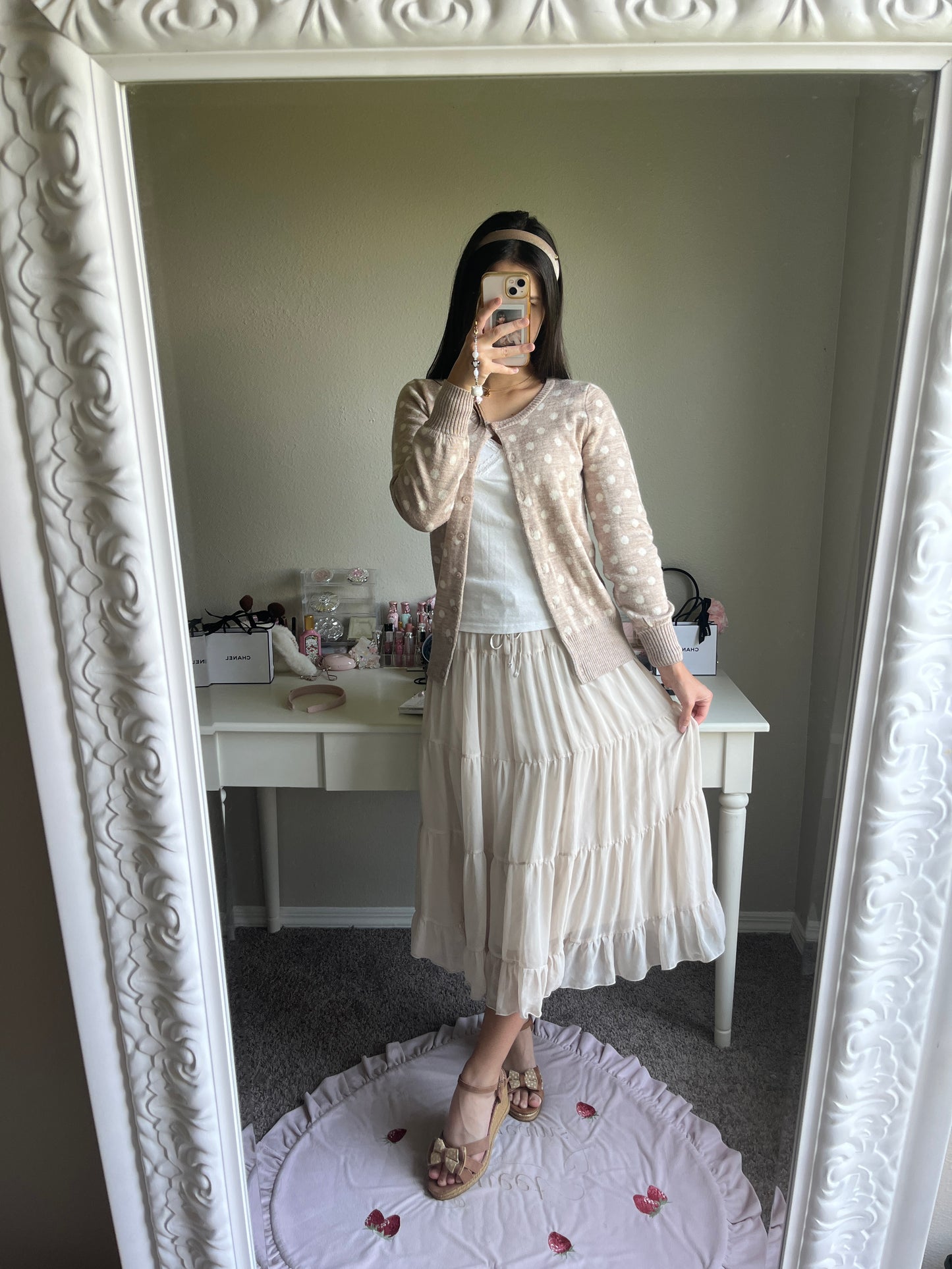 tan chiffon midi skirt