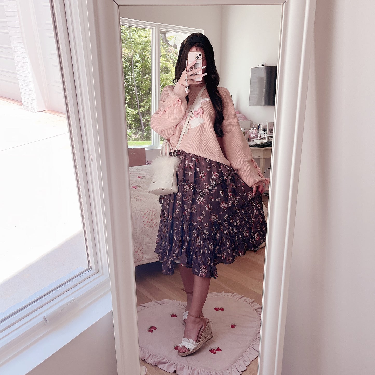 brown floral midi skirt