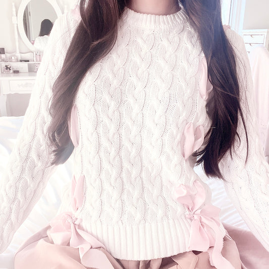 ribbon lace-up cable knit sweater