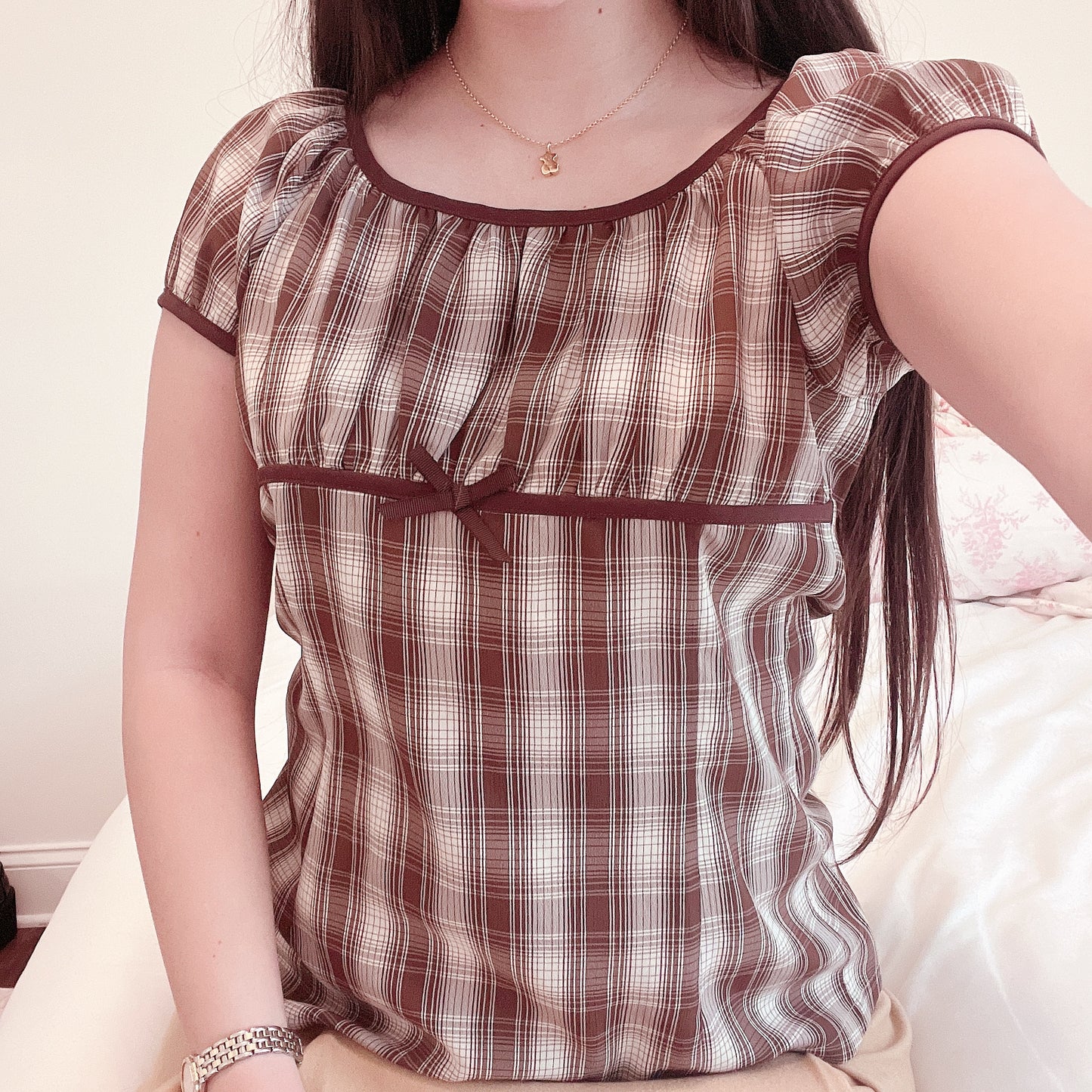 brown plaid milkmaid blouse