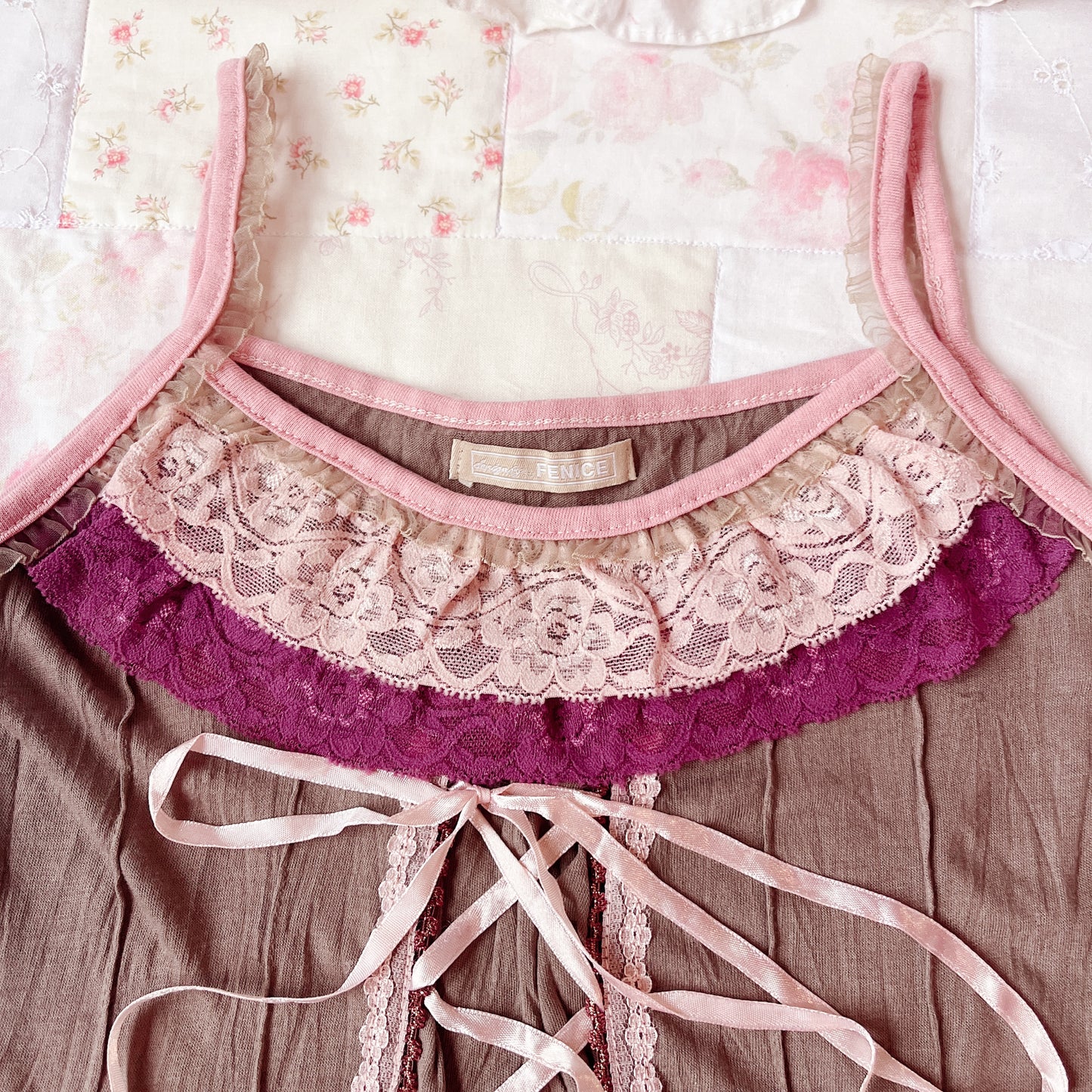 brown pink lace up camisole