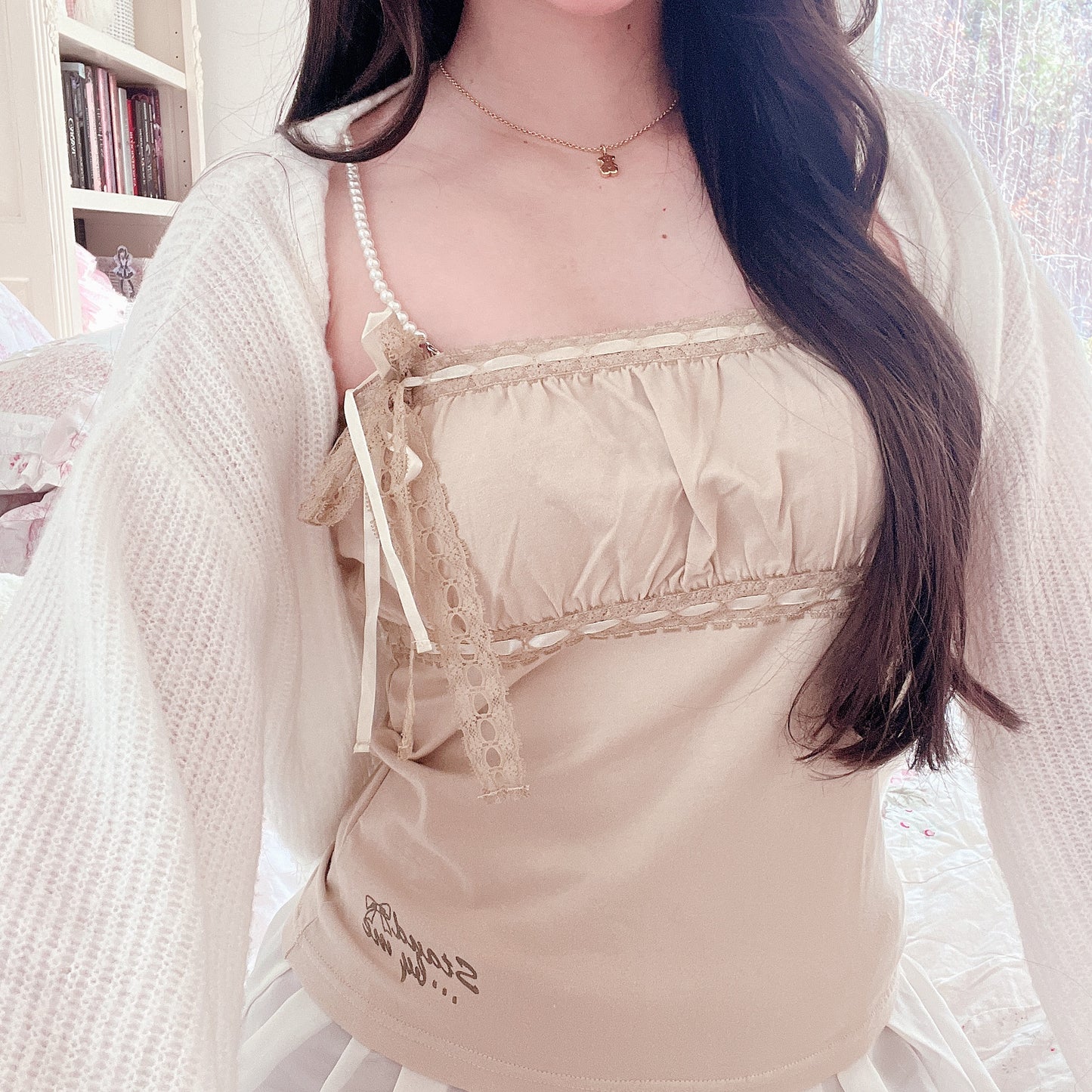 pearl strap beige camisole