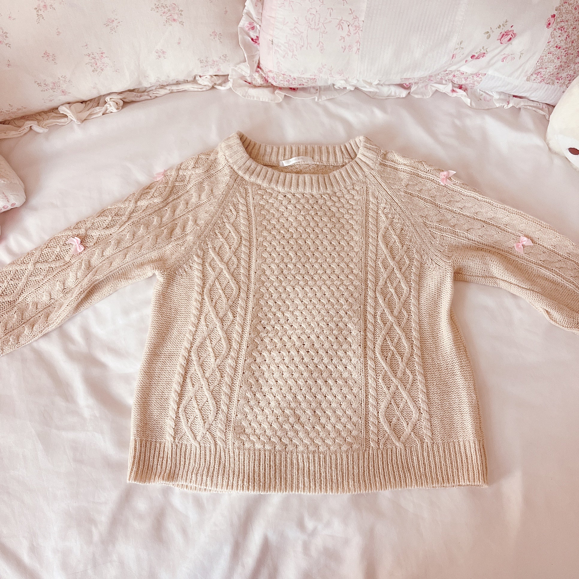 ribbon accent cable knit sweater