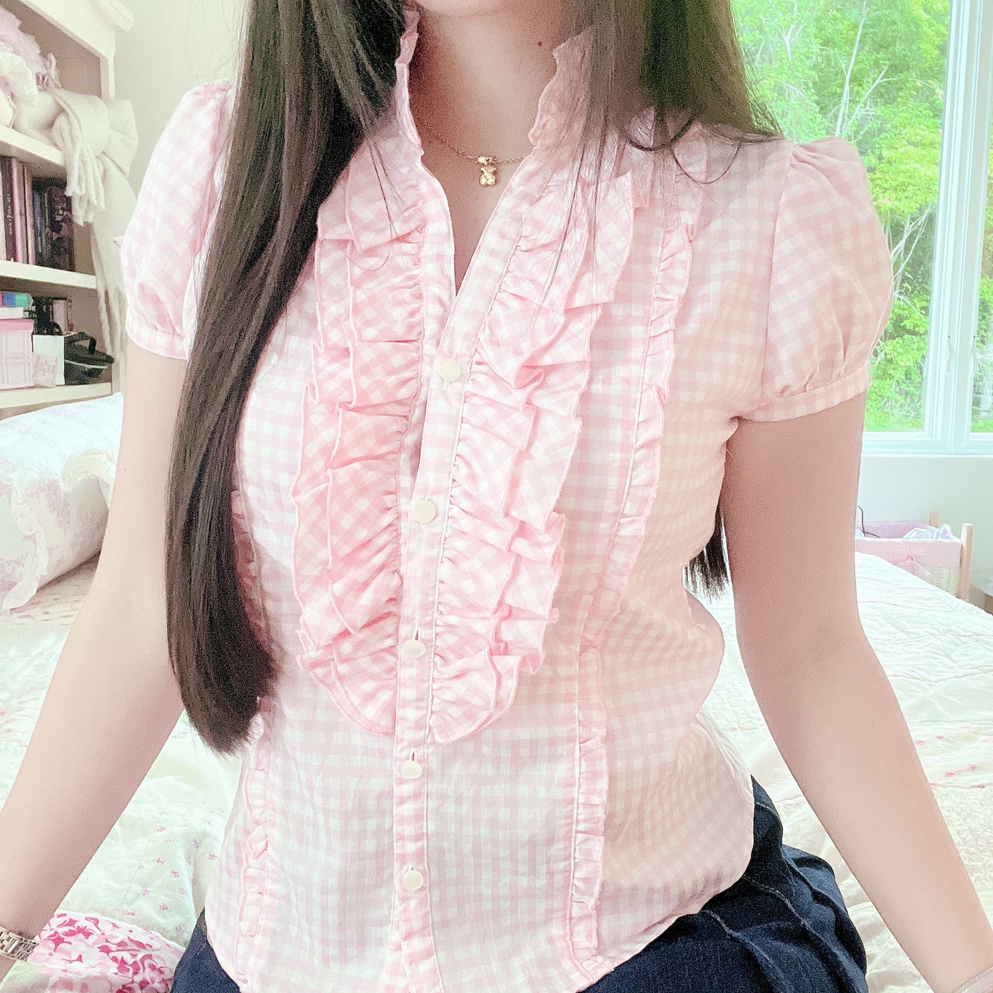 pink gingham blouse