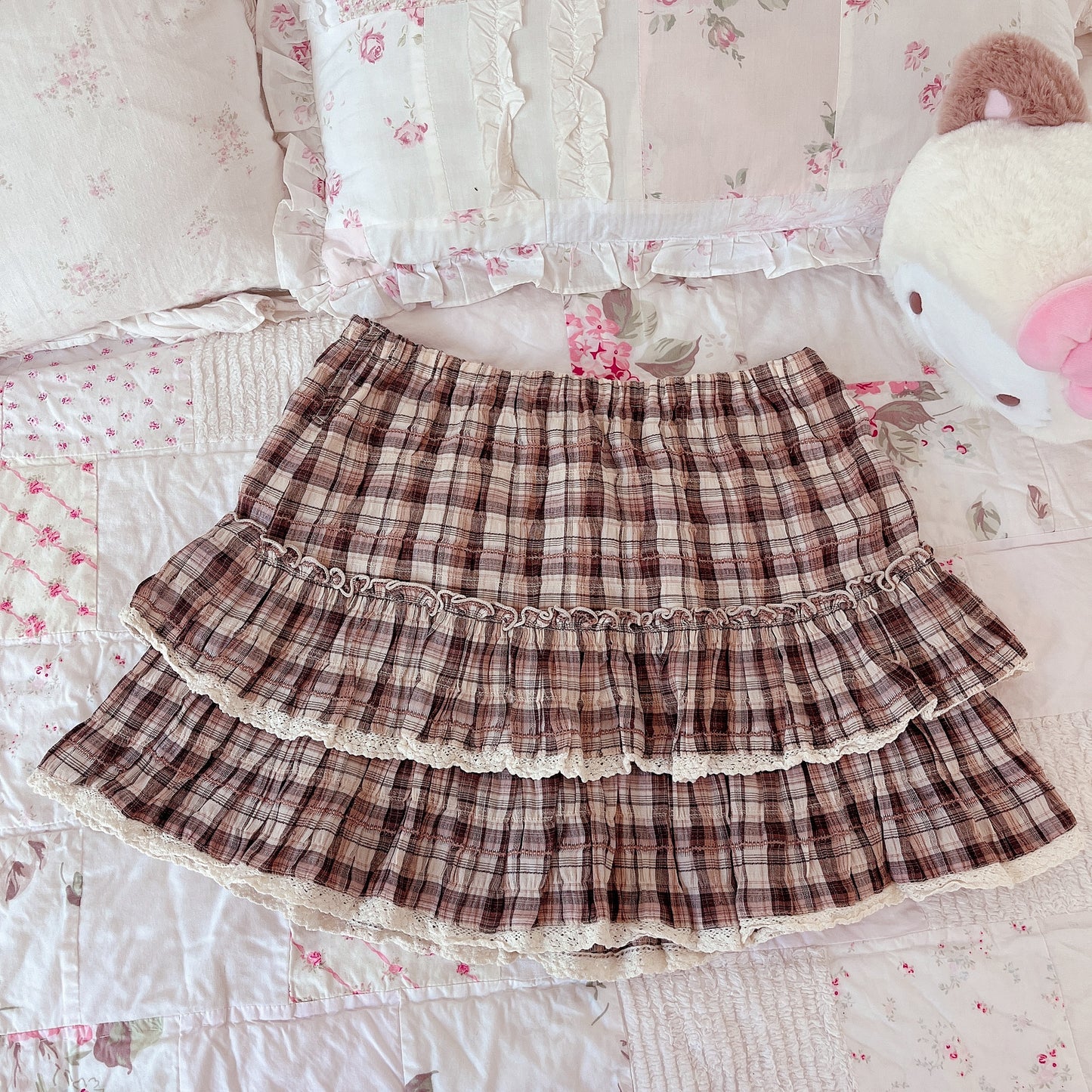 brown plaid tiered skirt