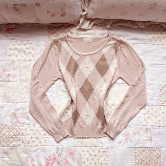 soft pink caramel argyle knit top