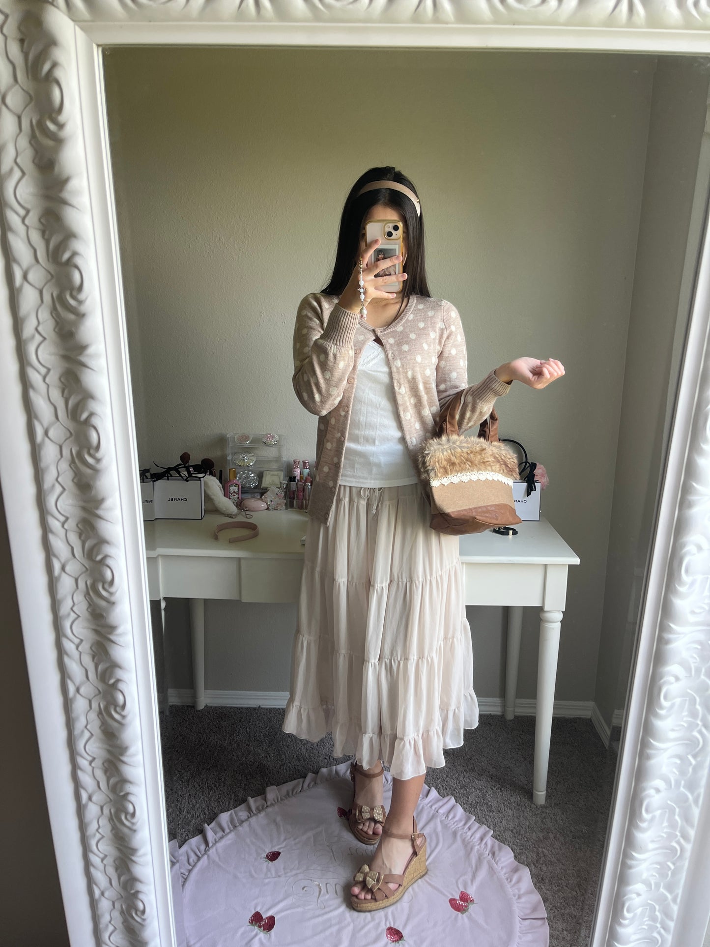 tan chiffon midi skirt