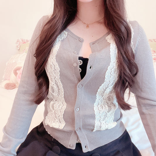 gray lace accent soft cardigan