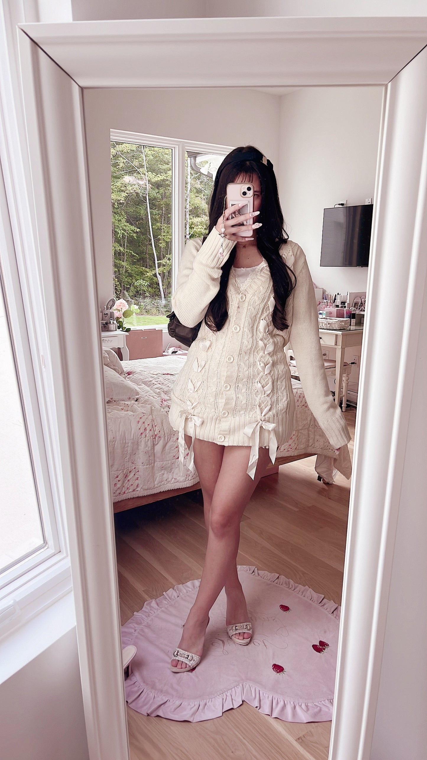 beige ribbon lace up long cardigan