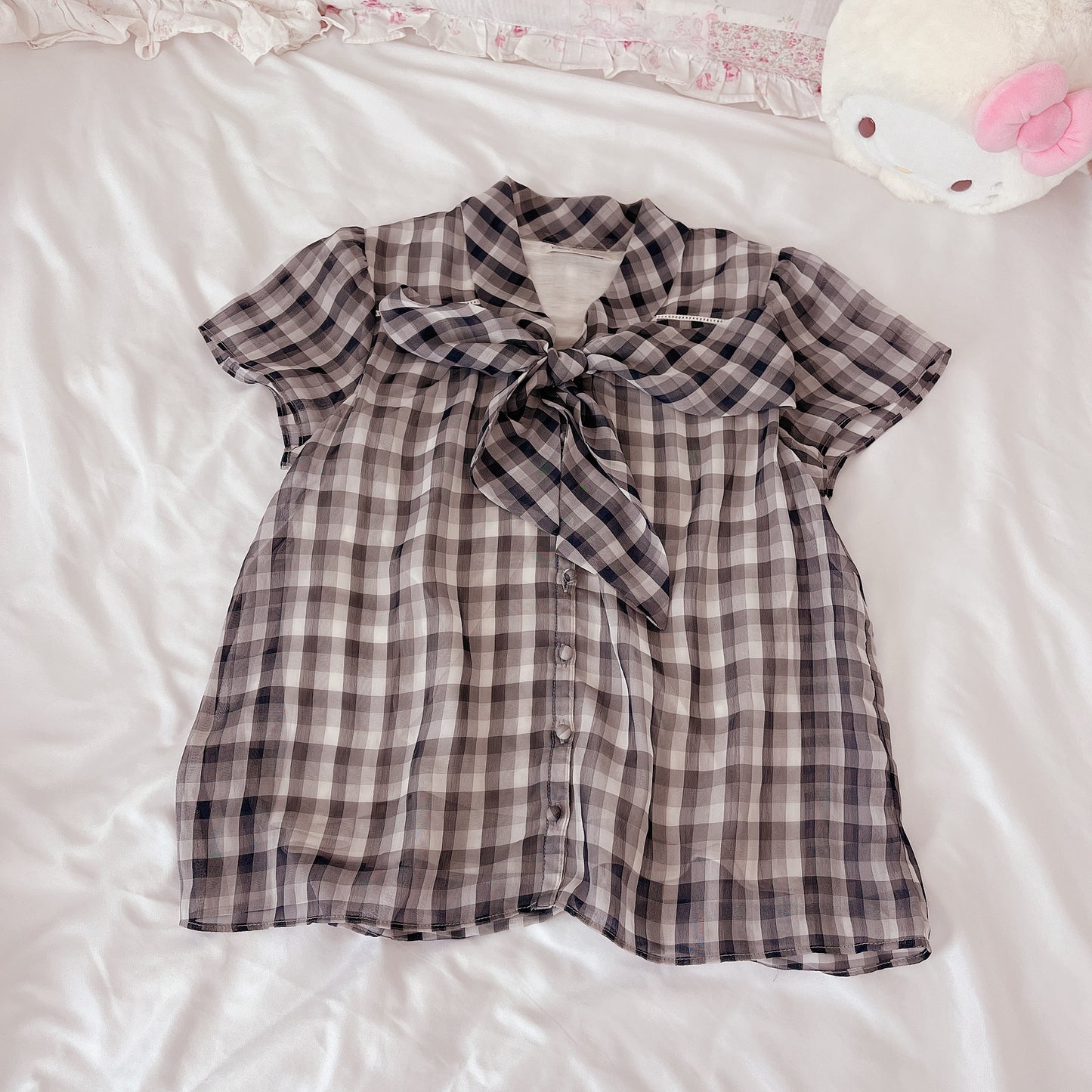 blue gray check blouse