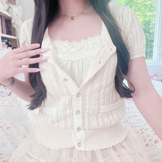 beige knit short sleeve cardigan