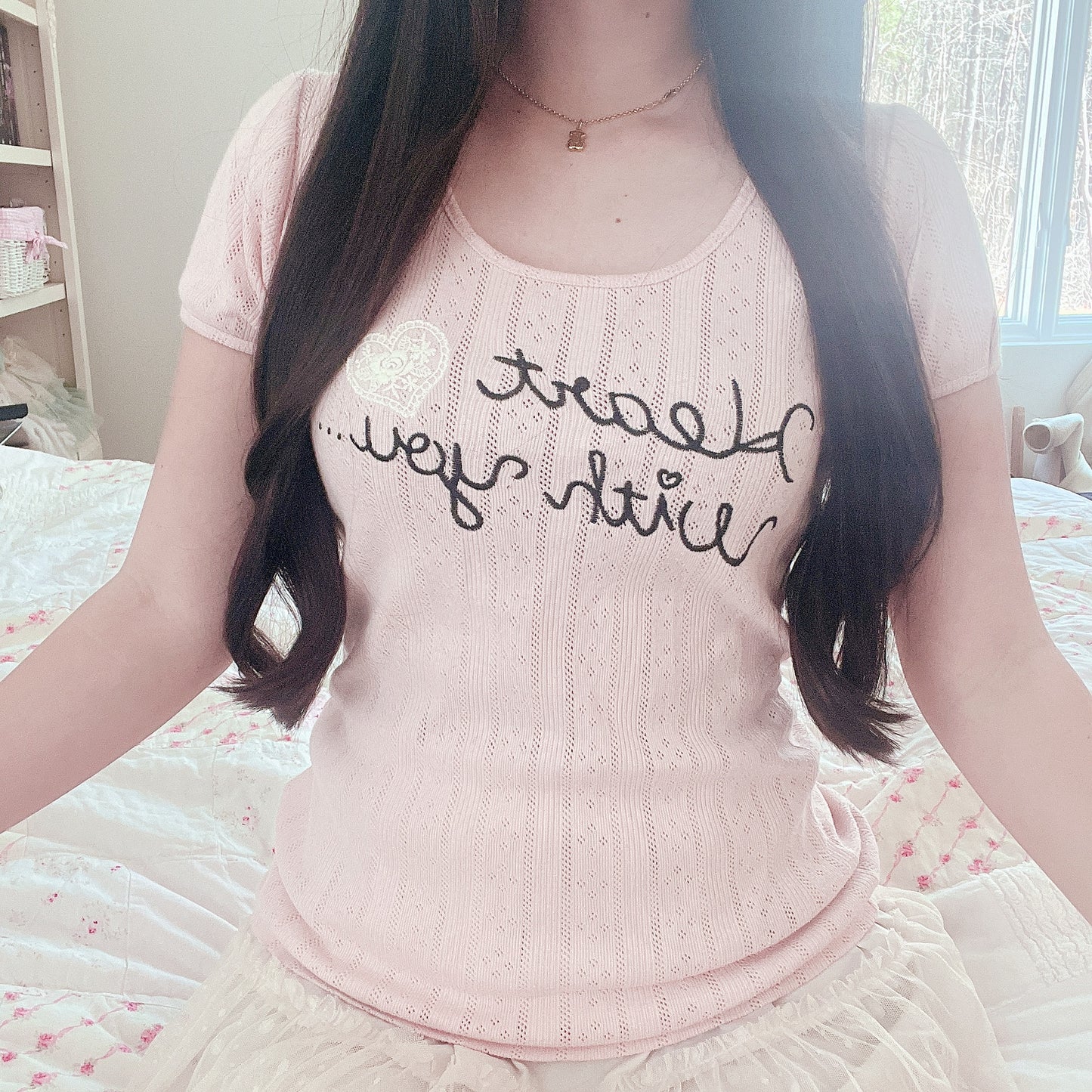 pink pointelle lettering top