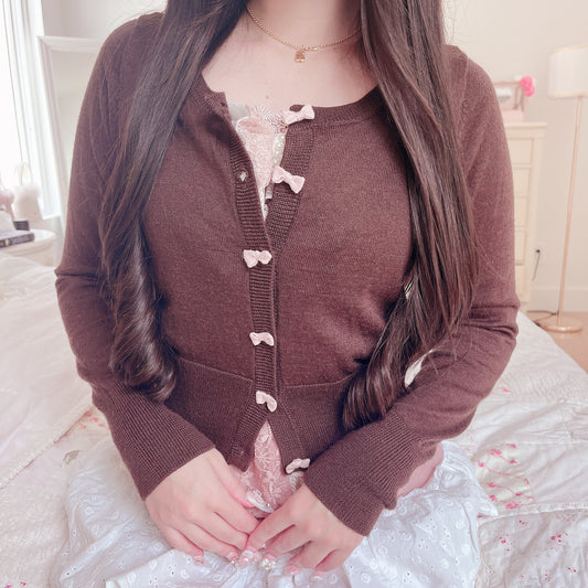 brown and pink ribbon cardigan