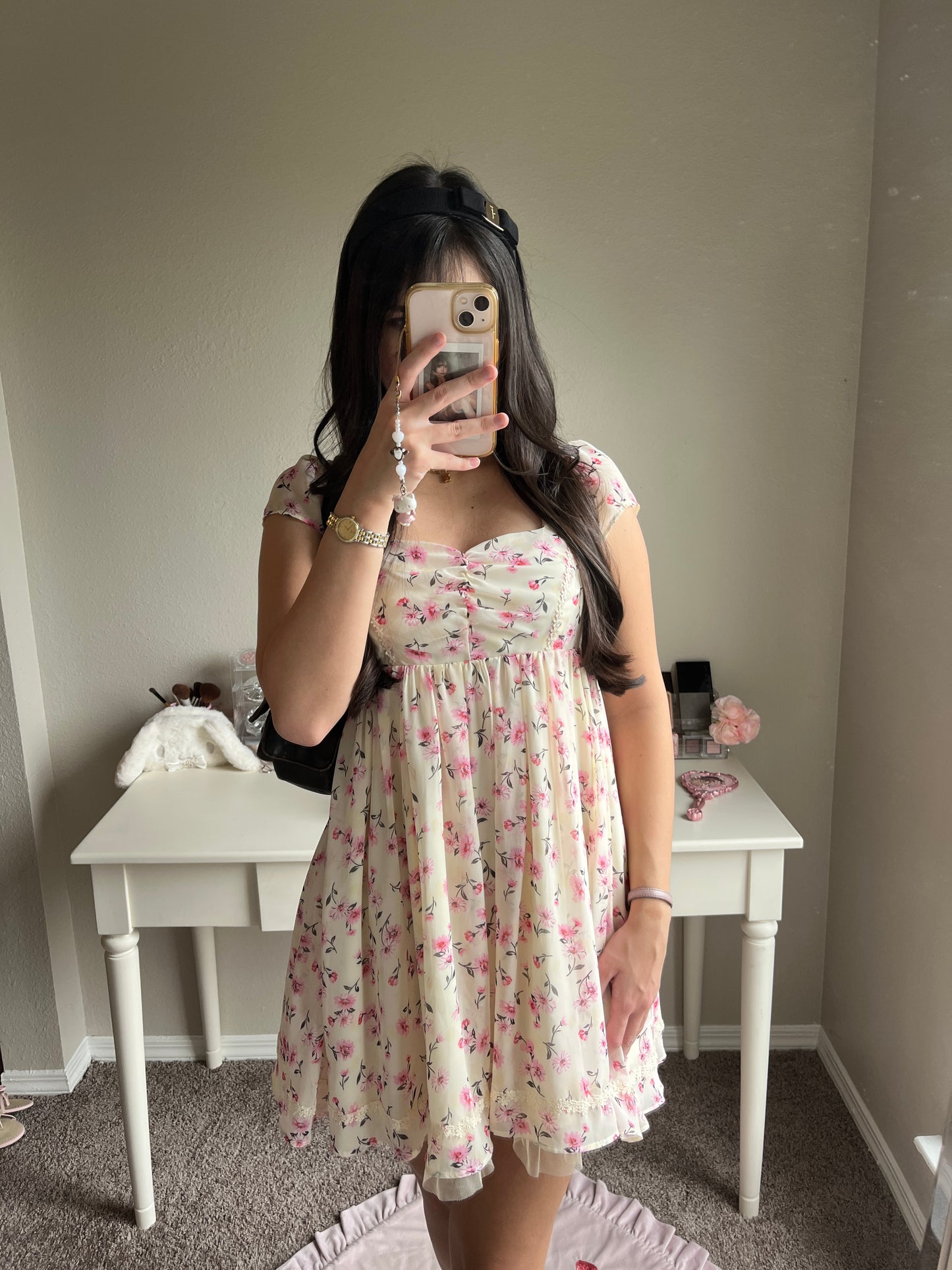 cream and pink floral chiffon dress