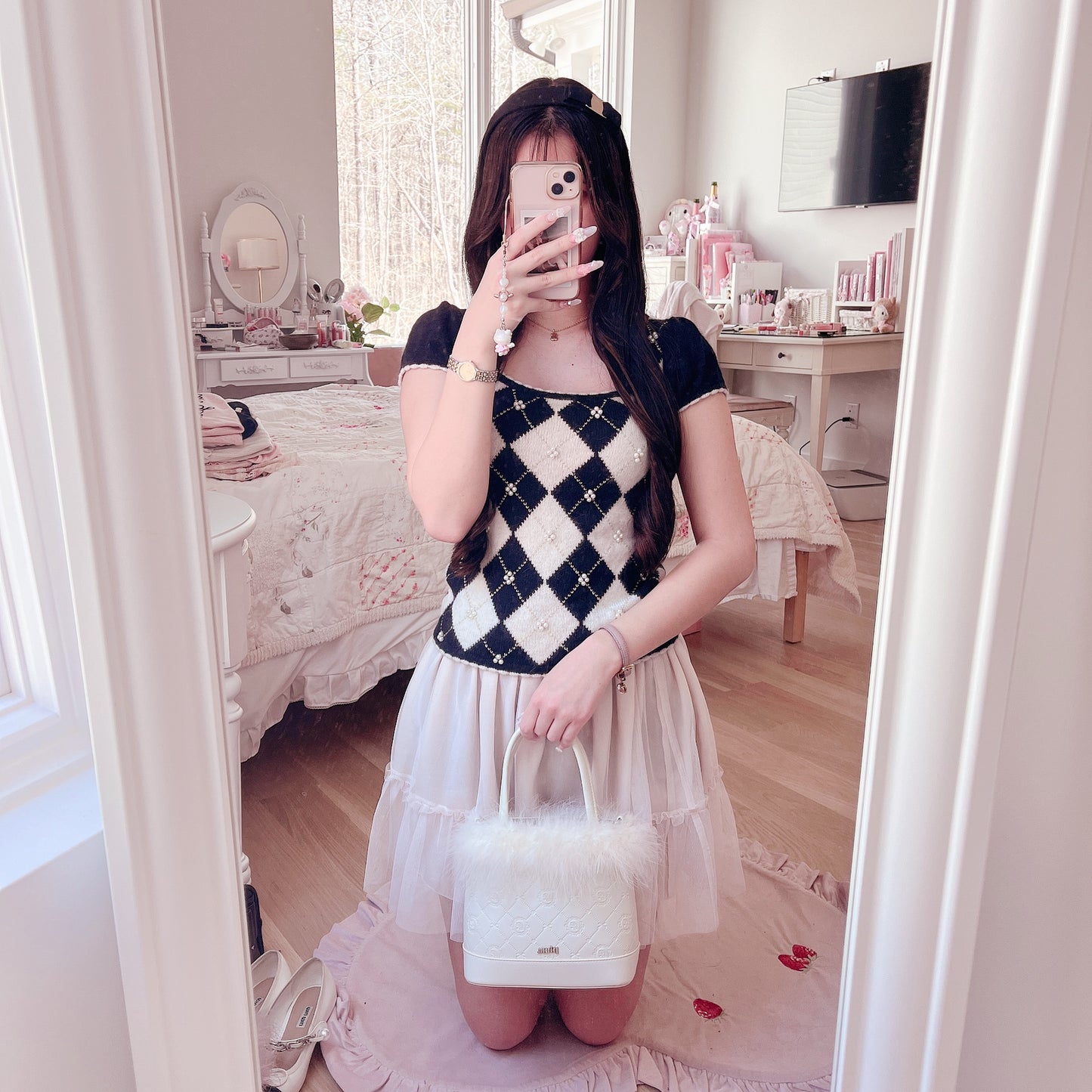 black argyle princess knit top