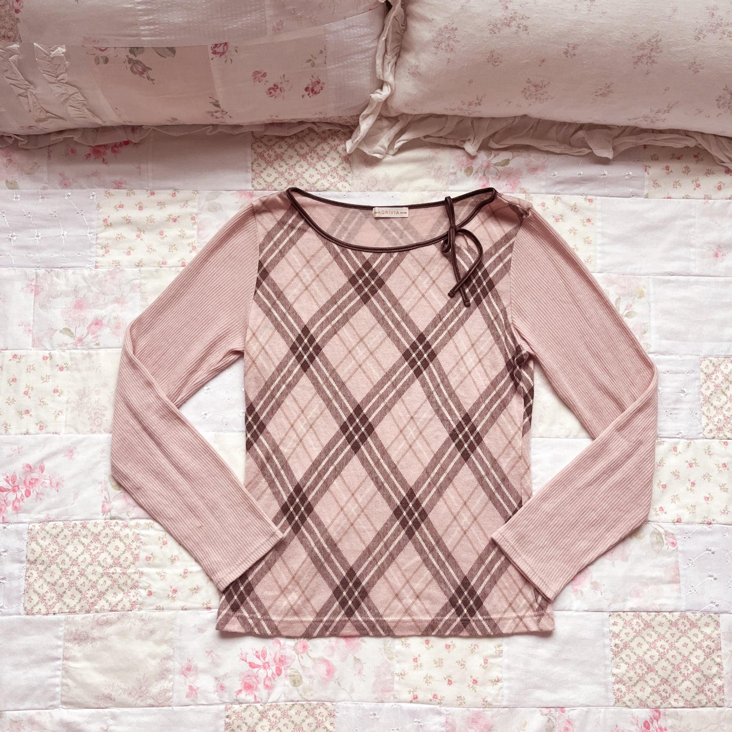 pink choco check knit top