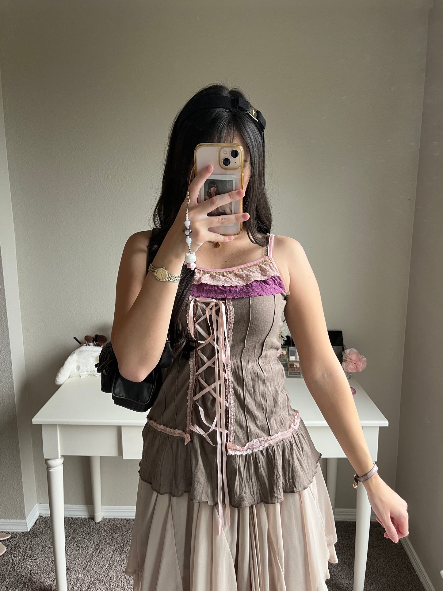 brown pink lace up camisole