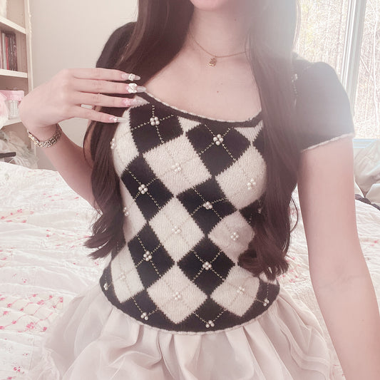 black argyle princess knit top