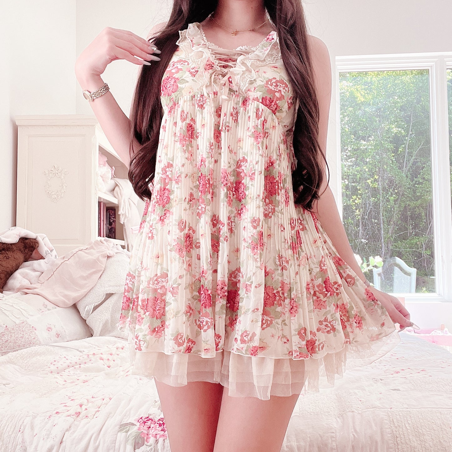 red floral beige mini dress (restock)