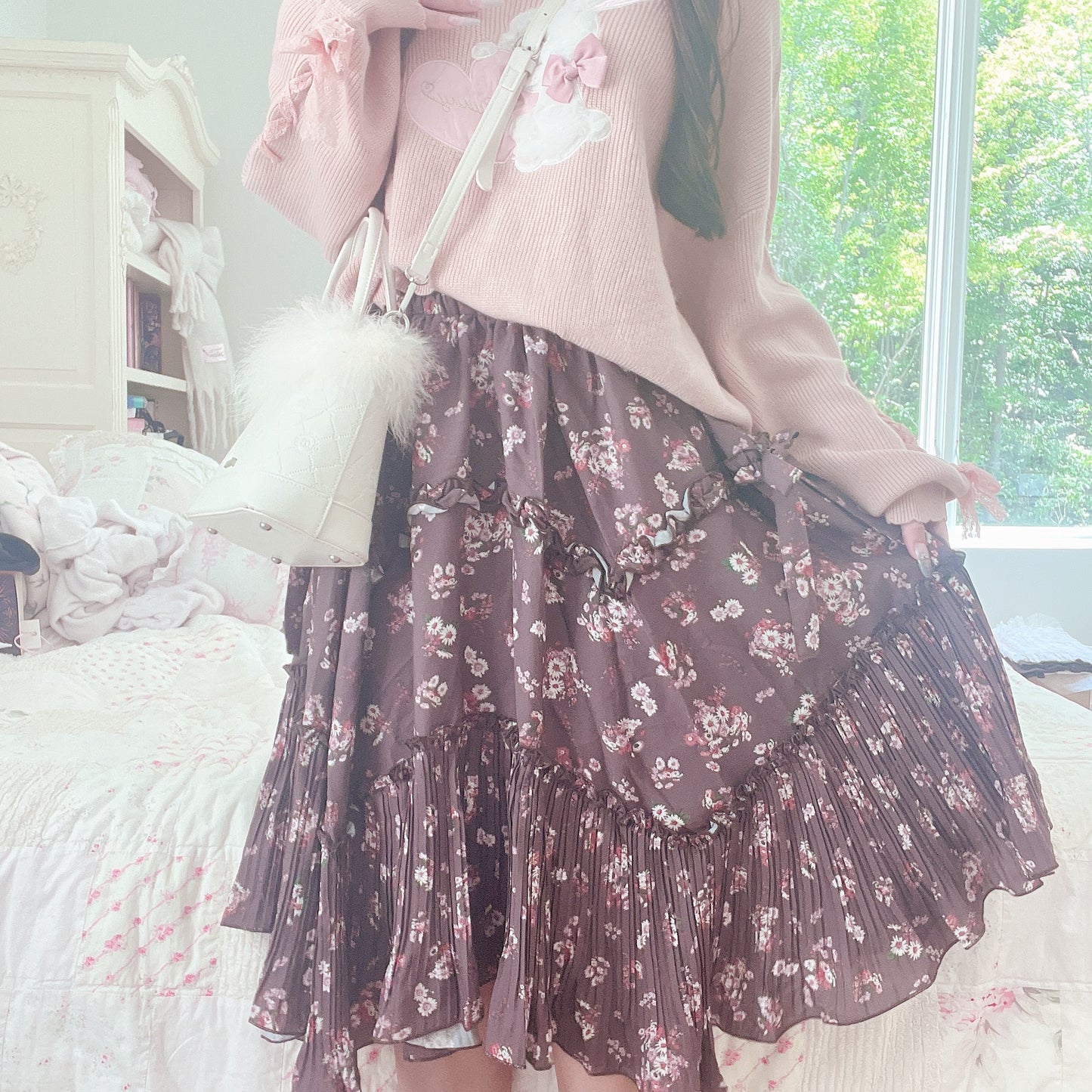 brown floral midi skirt