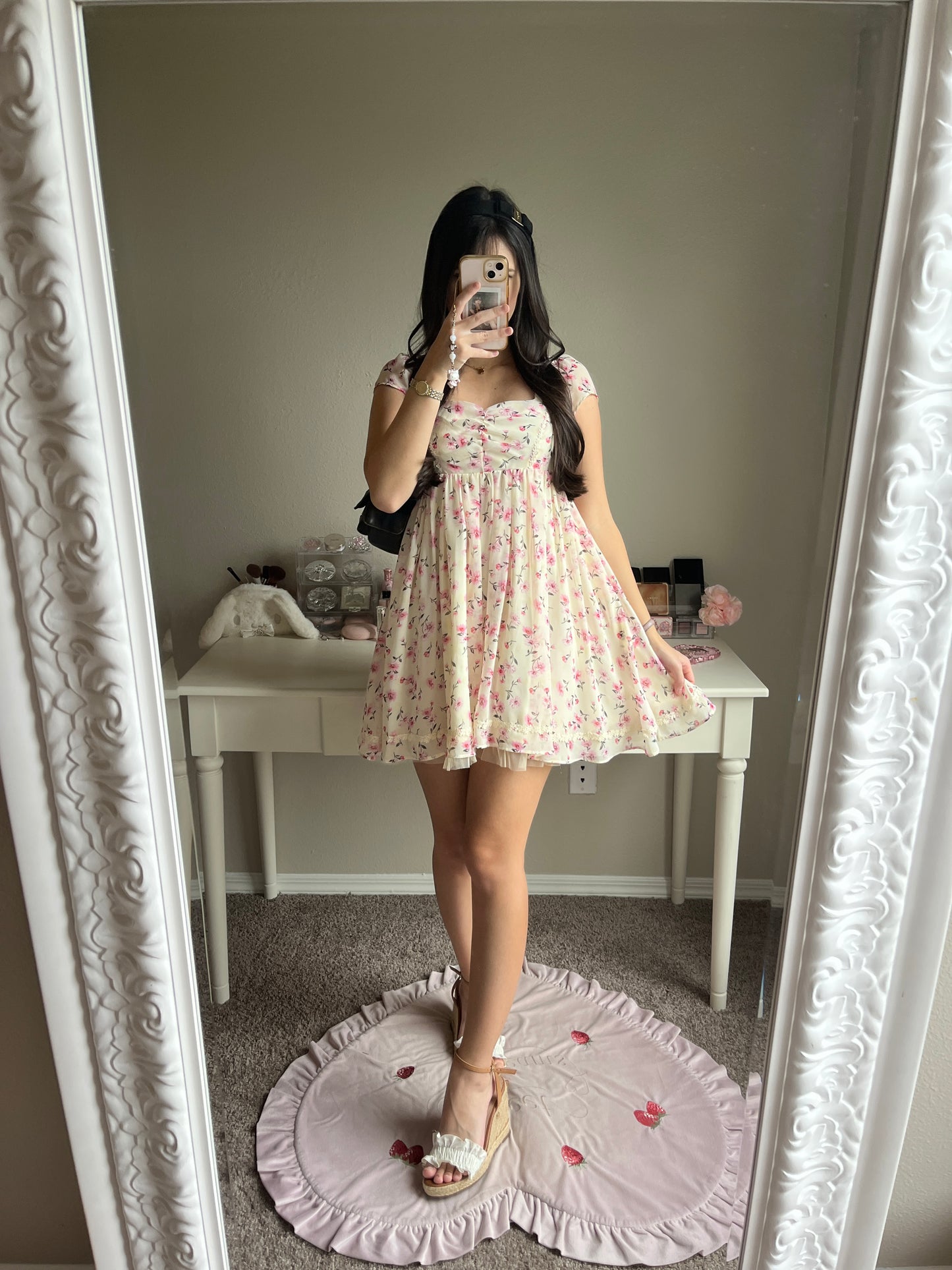 cream and pink floral chiffon dress