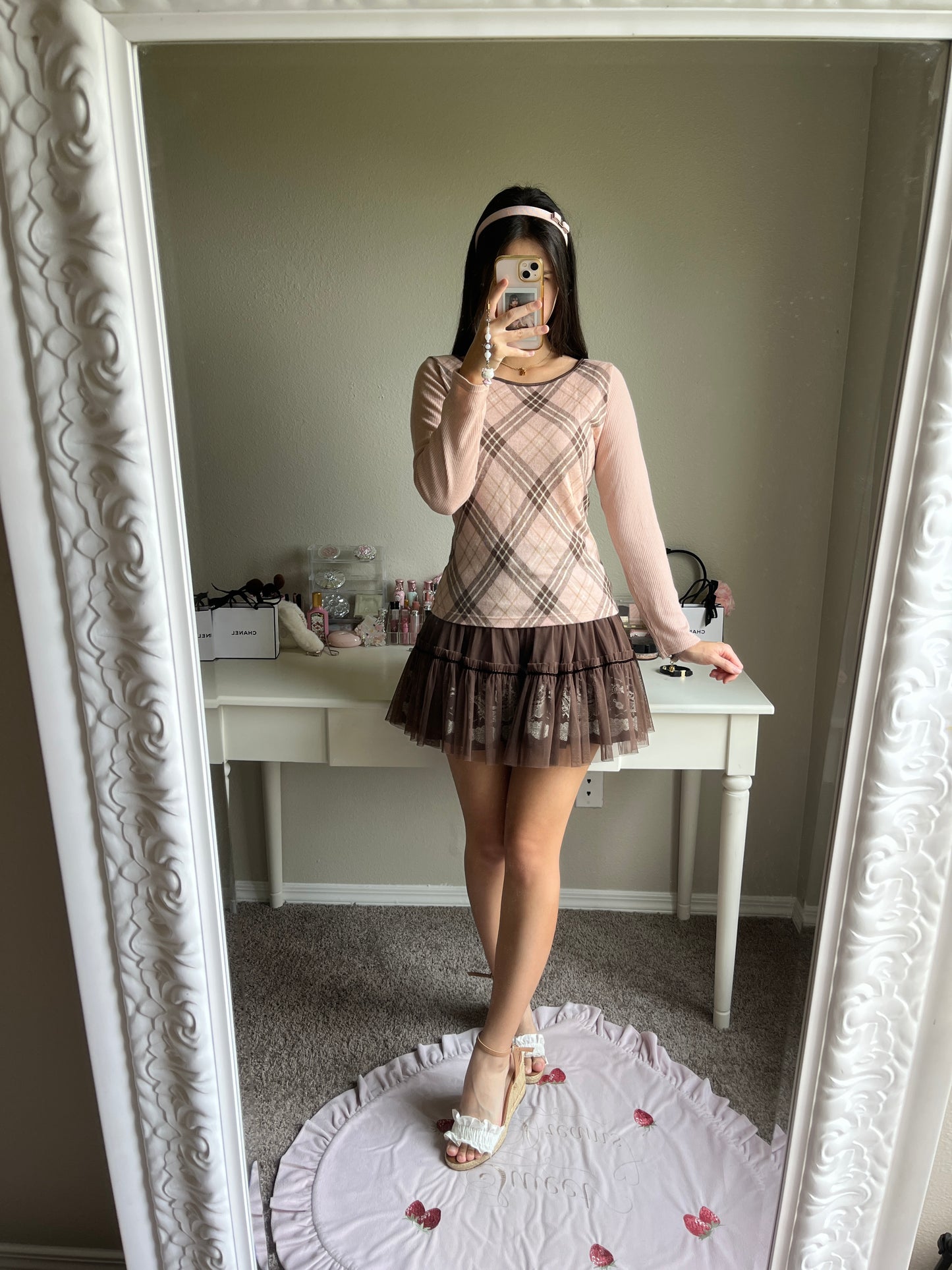 pink choco check knit top
