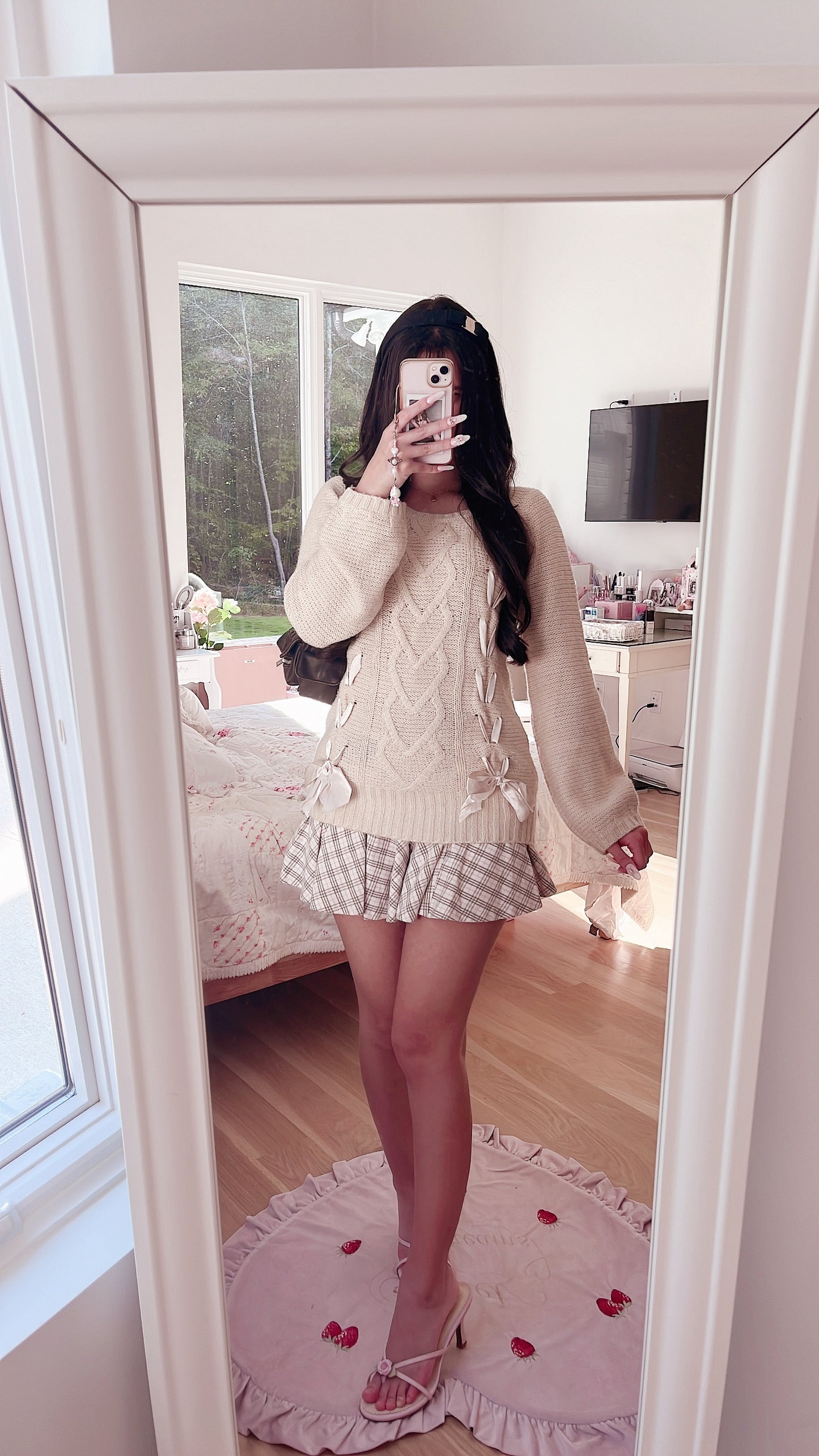 beige ribbon lace up sweater