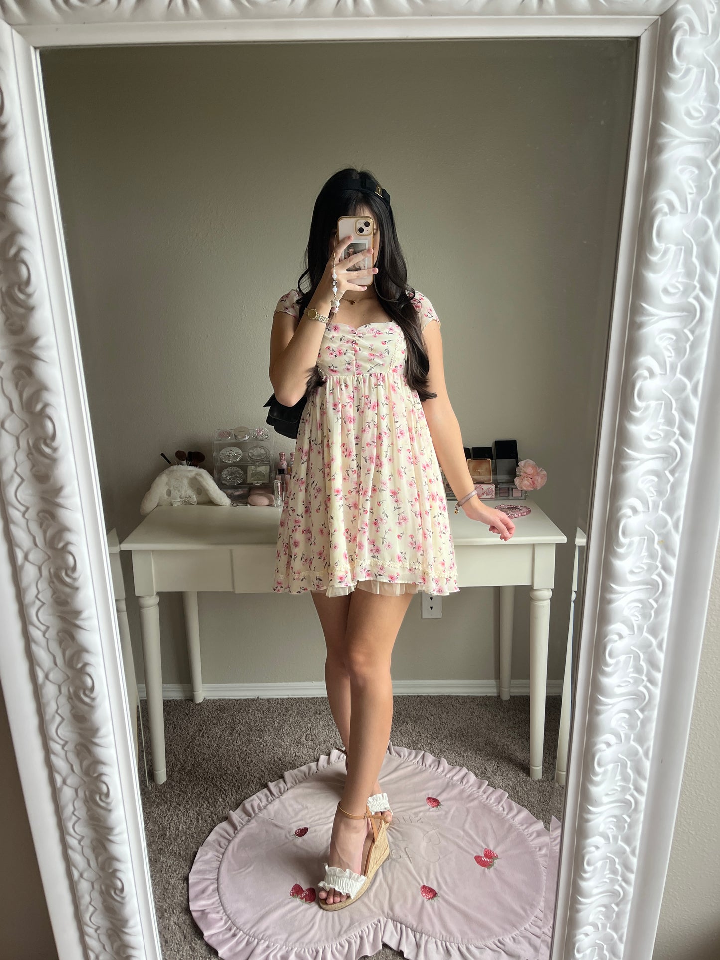 cream and pink floral chiffon dress