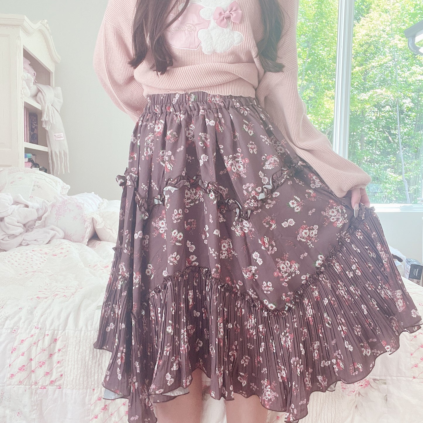 brown floral midi skirt