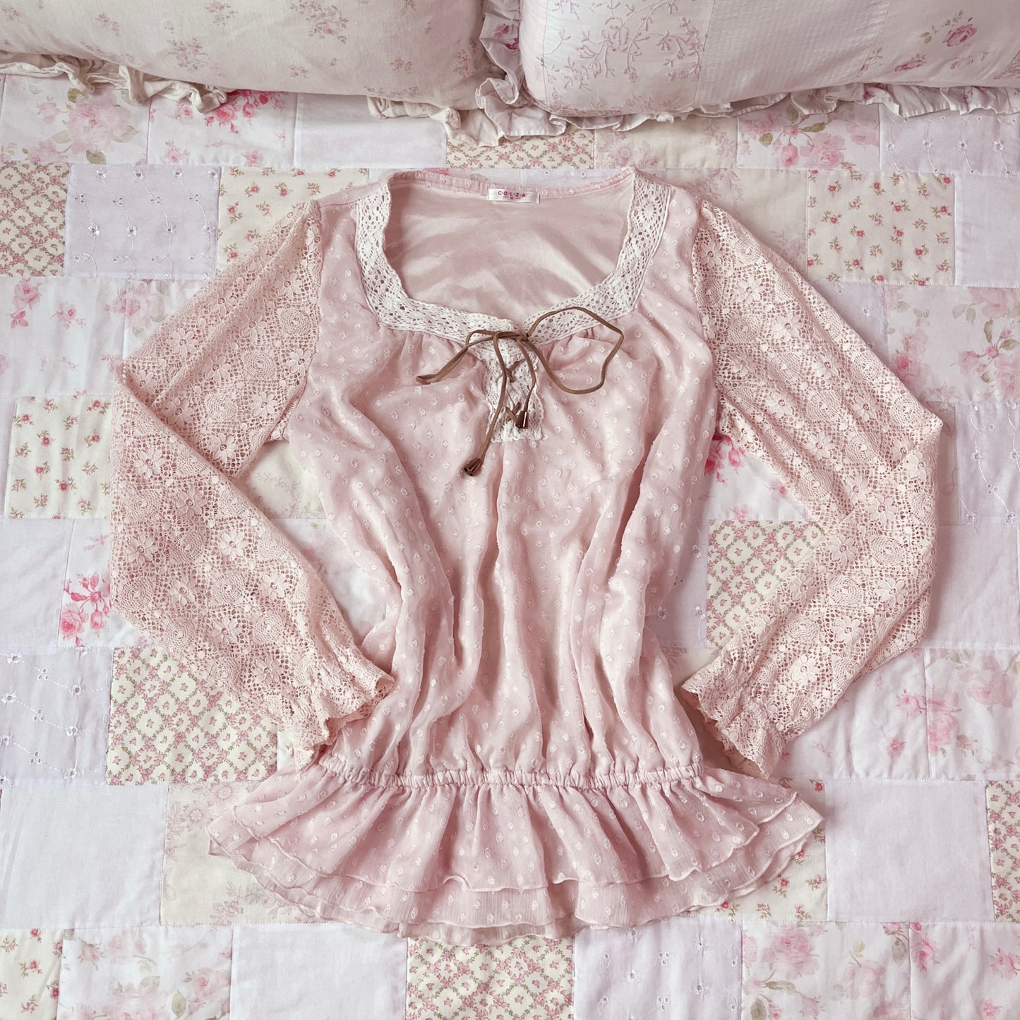 baby pink lace up top