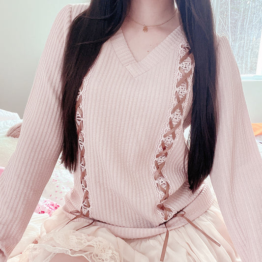 mauve lace up accent sweater dress