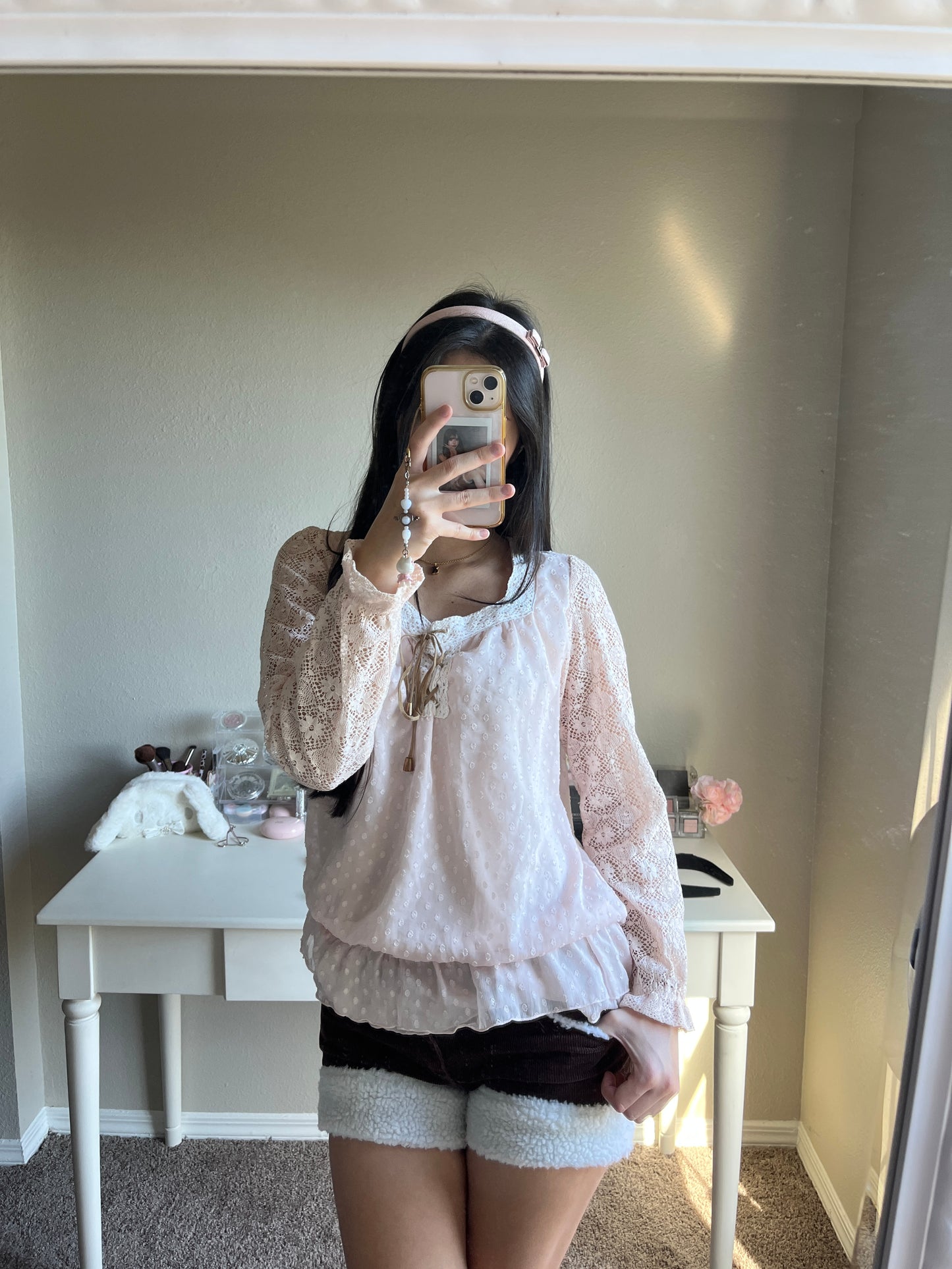 baby pink lace up top