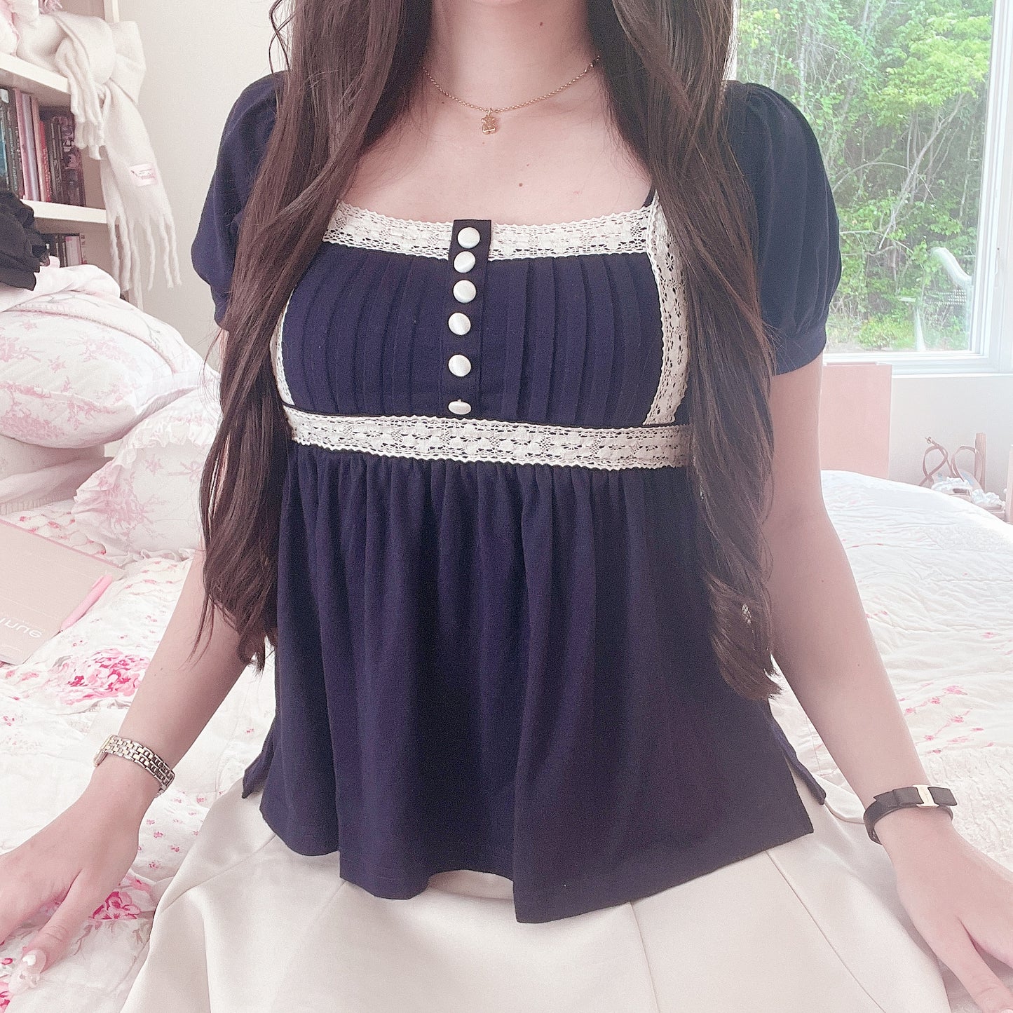 navy and white babydoll top