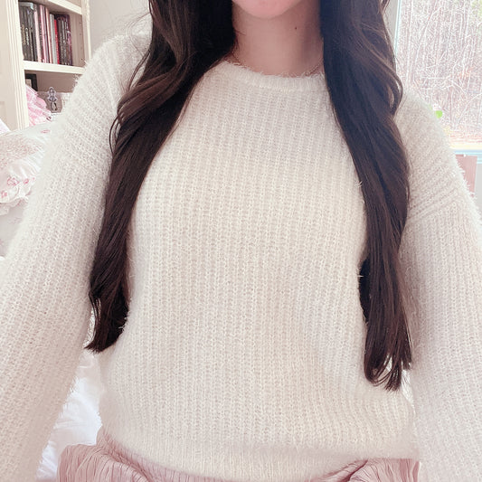 fluffy white back ribbon sweater