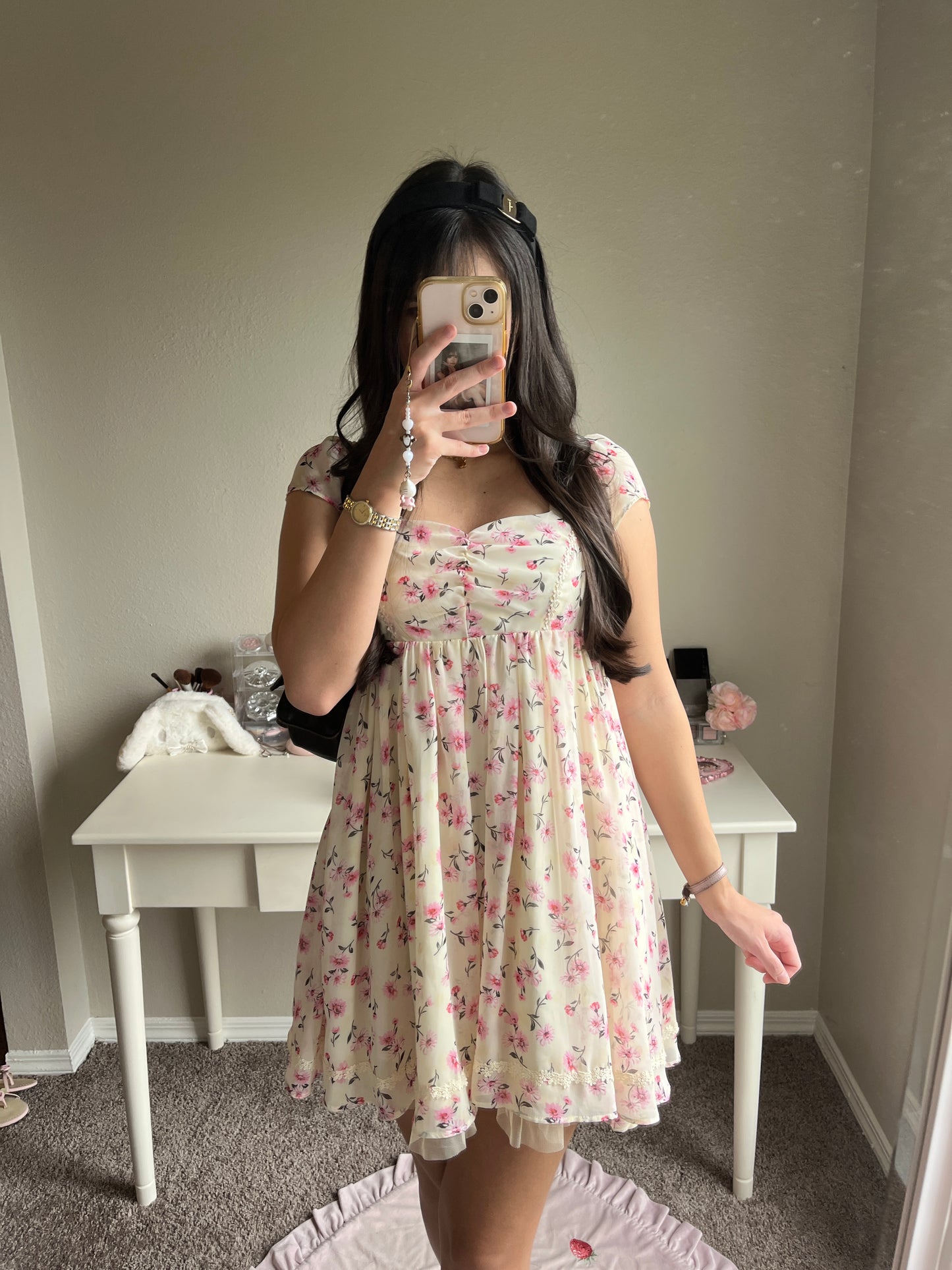 cream and pink floral chiffon dress