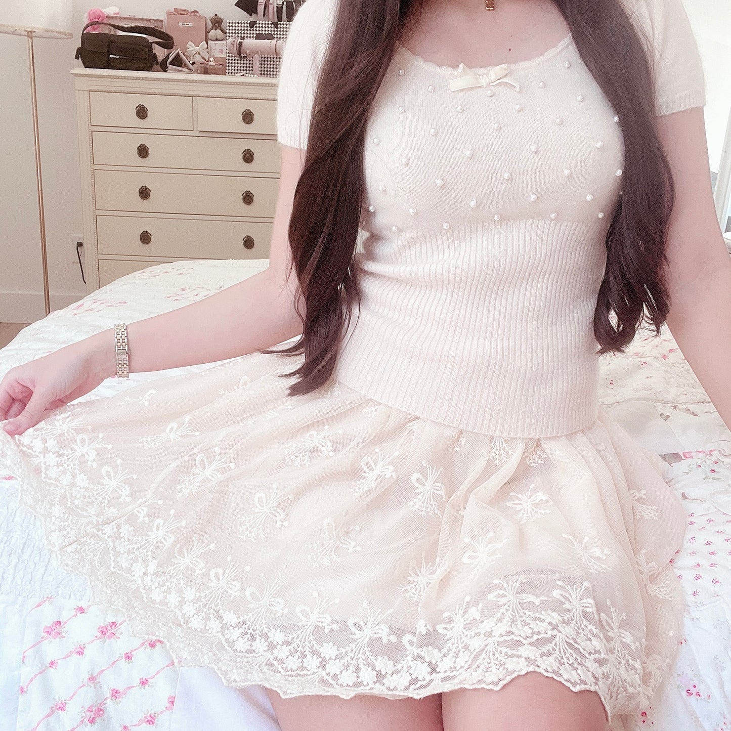 beige floral tulle skirt