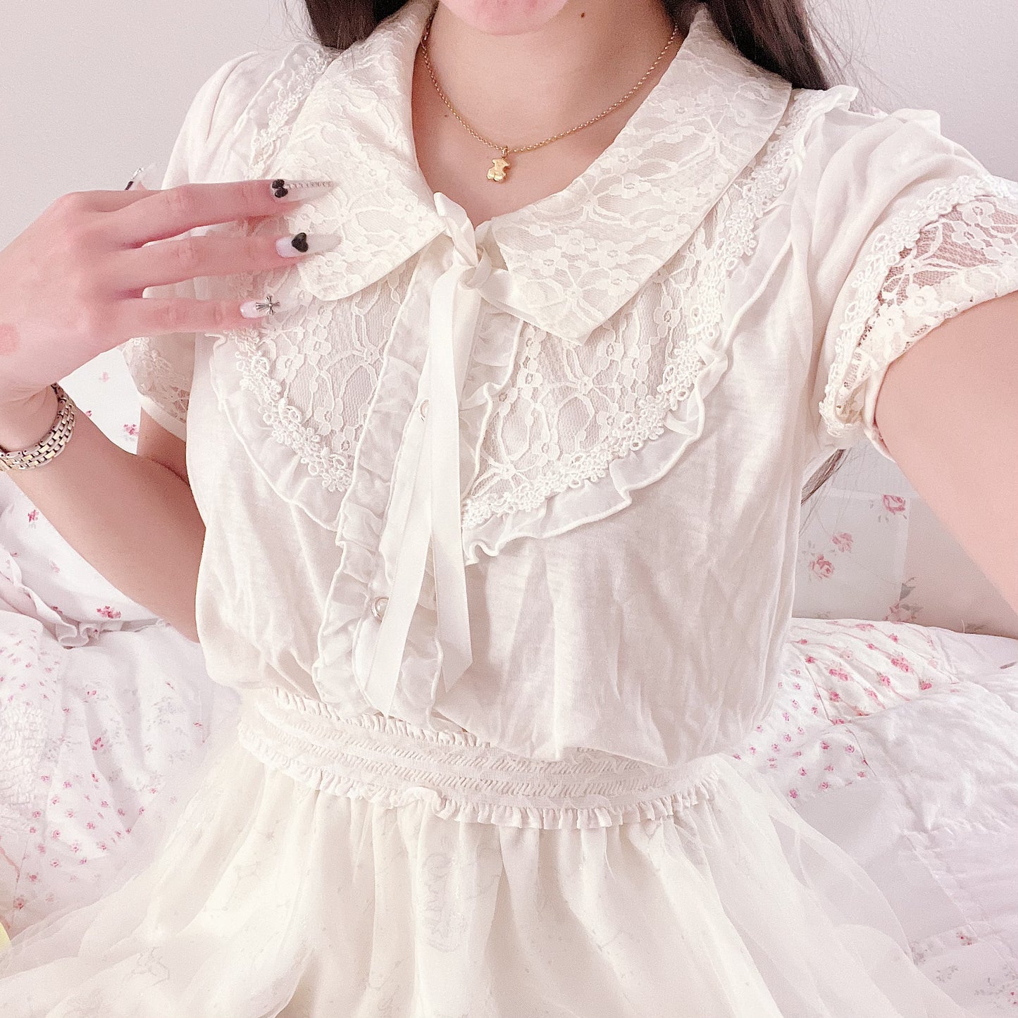 cream knit + lace blouse