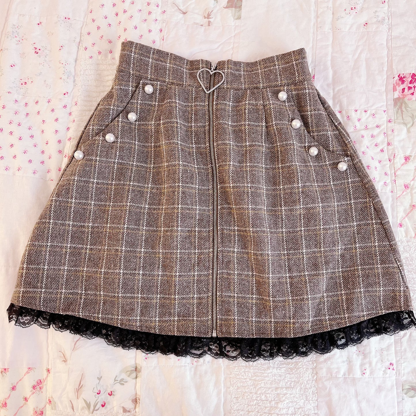 brown check zip up skirt